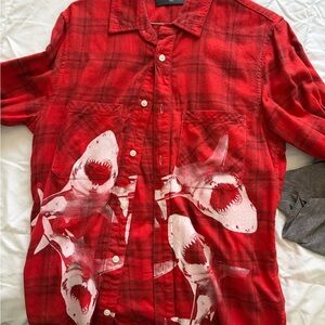 AMIRI Red Plaid Button-Up Shirt with White Shark Print